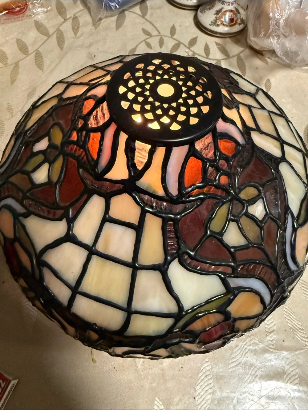 Stained Glass Table Lamp Shade in Cream and Amber - for the ceiling